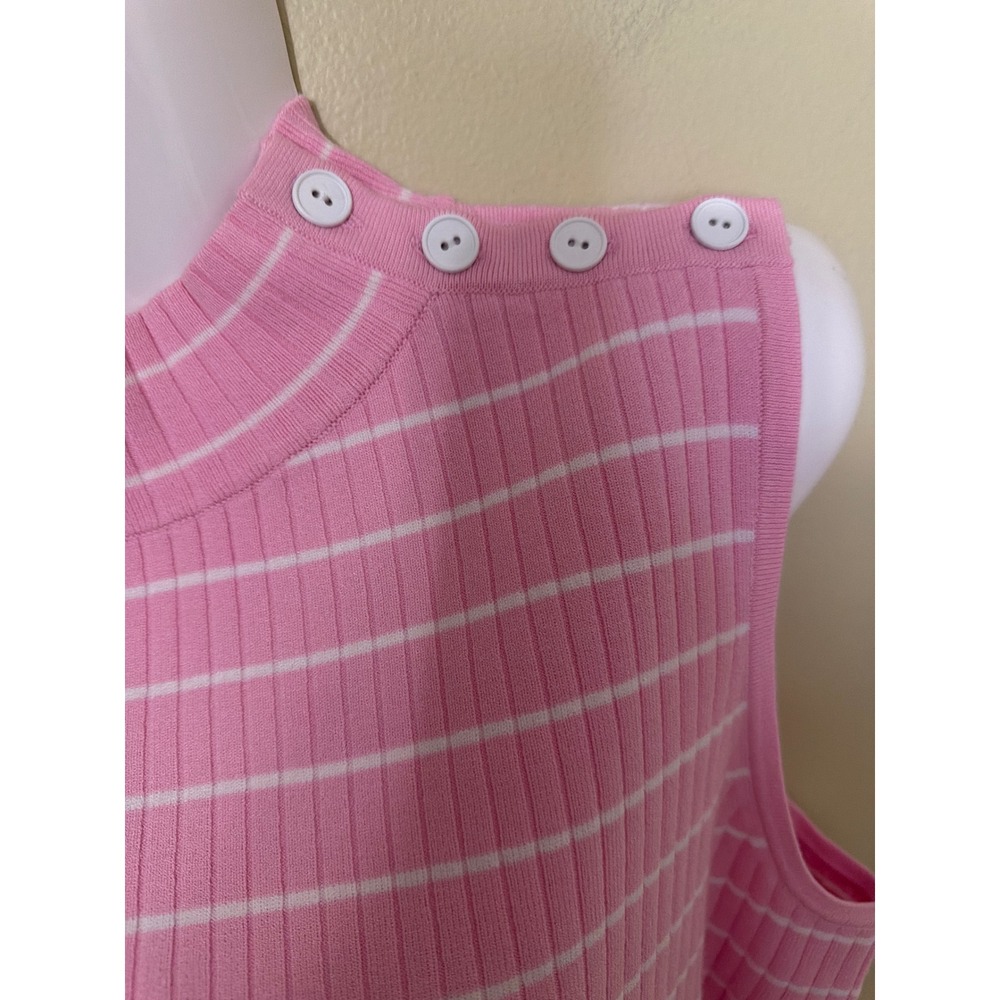 Talbots Plus Pink Shirt 1X White Striped Sleeveless Mock Neck Button Shoulder - Picture 5 of 9